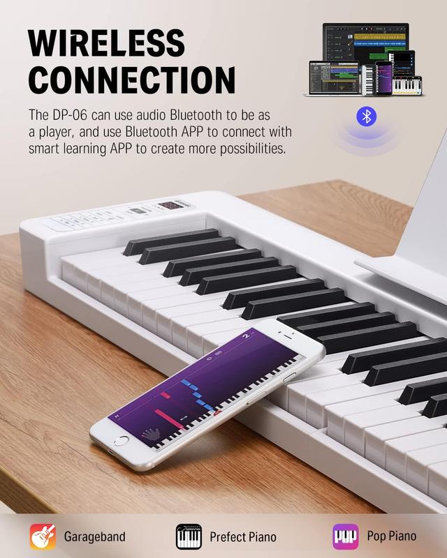 Donner 61-Key Folding Bluetooth Keyboard Piano for Beginners, Portable with Music Rest, Bag, Pedal, and App - White