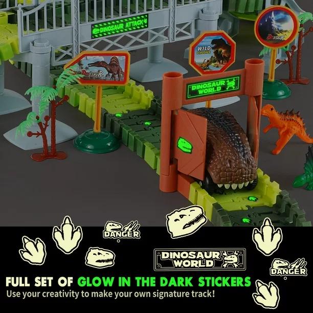 215 Pcs Glow-in-the-Dark Dinosaur Park Jurassic Race Track Train Playset Toys for Kids Car 215 PCS Road Toys for Boys,Girls,Best Toys Gift