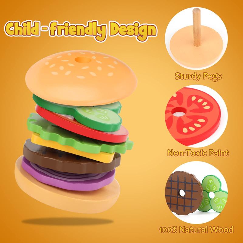 Aizweb Montessori Toys - Wooden Burger Stacking Toys Educational Toys, Fine Motor Skill Toy, Blocks Learning Wooden Magnetic early education