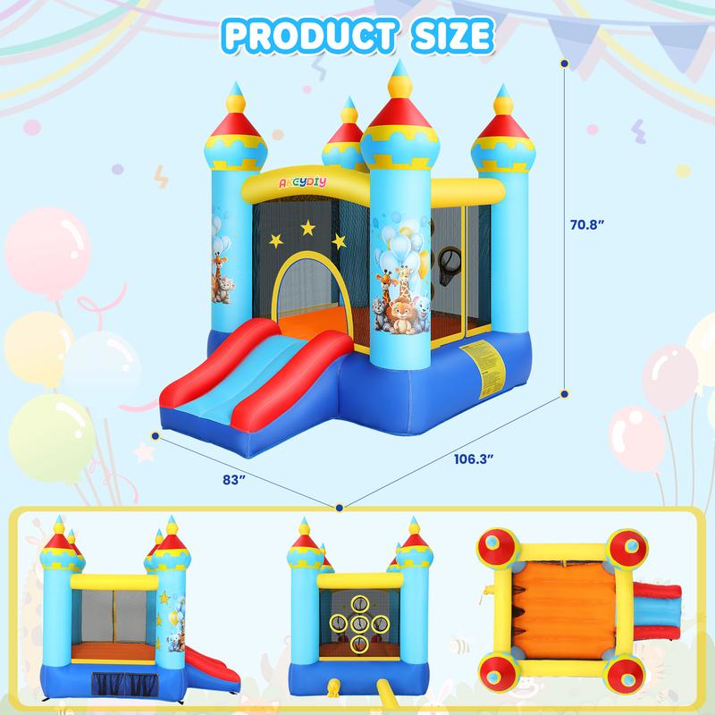 AKEYDIY Bounce House, Outdoor Indoor Fun Bouncy House with Blower, Tropical Jungle Animals Party Bouncer Slide & Jumping Area, Ball Toss Game, Backyard Inflatable Bounce House Gift for Kids 4-8