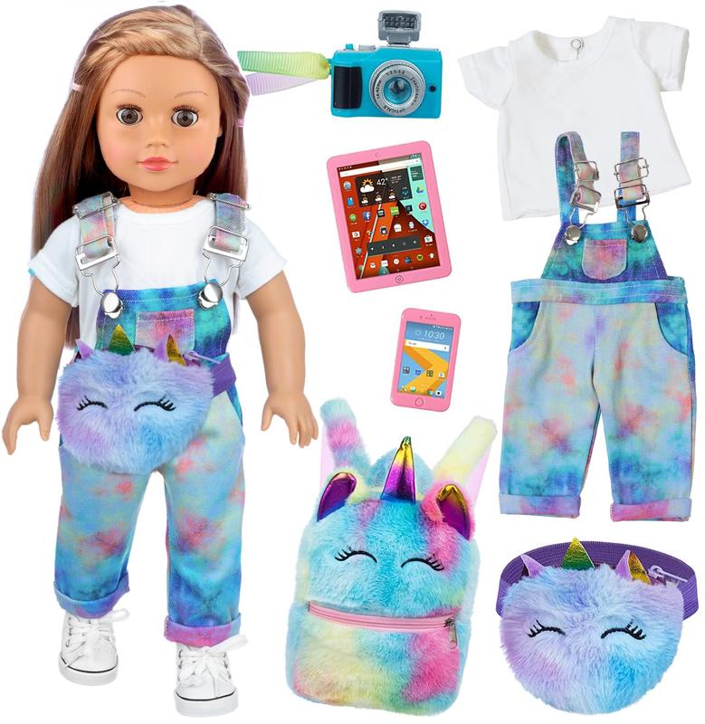 7 United States 18 Inch Doll Clothes & Accessories Set - Including Doll Backpack, Waist Pack, Toy Phone, Toy Tablet, Camera (No Doll)