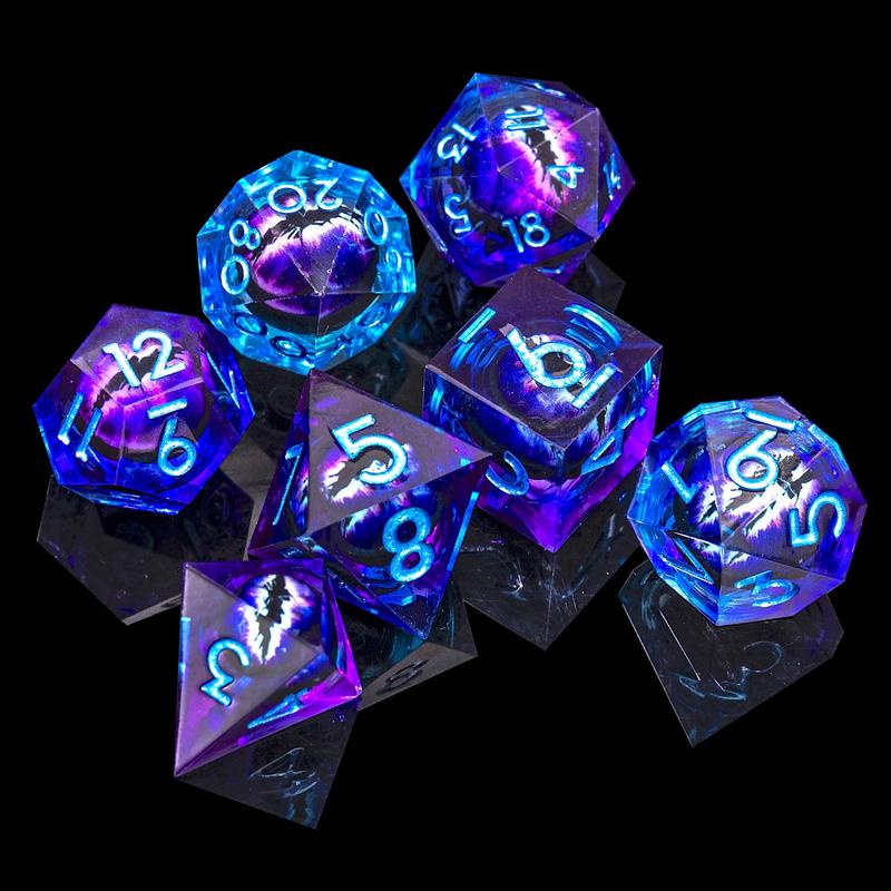 Beholder's Dragon Eye DND Dice Set - 7 PCS Sharp Edge Liquid Core Resin Cat Eye Dice with Gift Box, Perfect for Halloween Gift Idea for Dungeons & Dragons and TTRPG