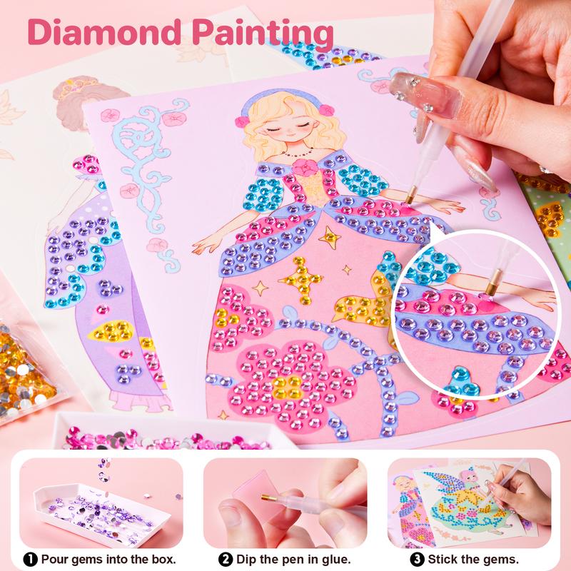 JarMelo Princess Art Craft Kits Foil Art & Diamond Painting Books Kids Make Up Set Play on Paper, Princess Glam Magic Crafts Kit for Girl Gifts