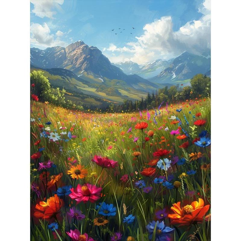 Valley & Flower Meadow Pattern DIY Diamond Arts Colorful Painting without Frame, 5D Diamond Arts Colorful Painting Kit, Wall Art Decor for Living Room Bedroom