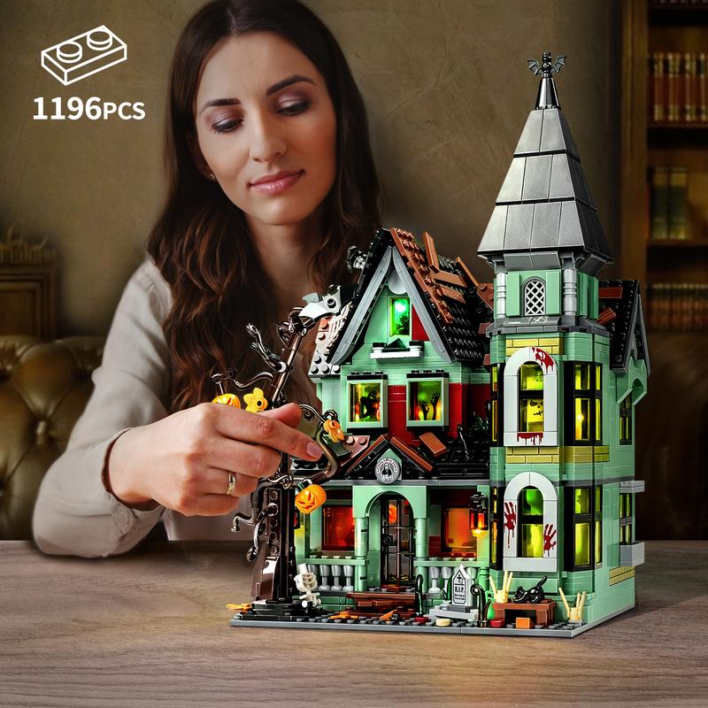 2024 Newest Haunted House Building Blocks Set with LED Light, Perfect Halloween Toys and Gifts for Fans and Kids (1196 pcs)