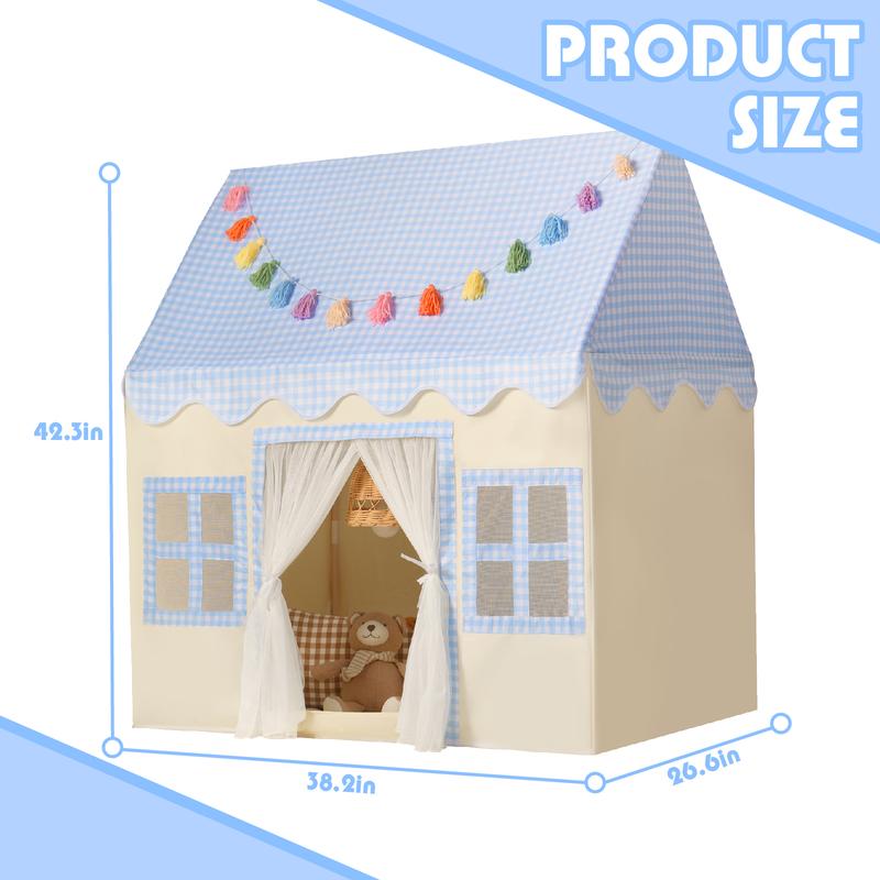 Sumbababy Princess Tent Castle House for Girl with Blue Checkered, Mat, Colorful Hangings, Star Lights Princess Kid Toy Gift Indoor Outdoor Game