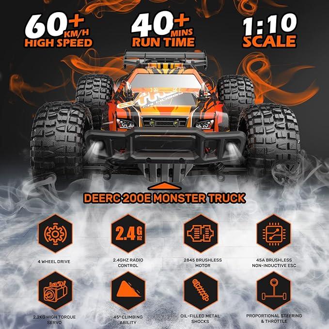 DEERC 200E 1:10 Large 3S Brushless High Speed RC Cars for Adults, 4X4 Fast RC Trucks W Extra Shell LED Headlight, 60 KM H, All Terrain Remote Control Car, Offroad Monster Truck for Boys,2 Battery rccar