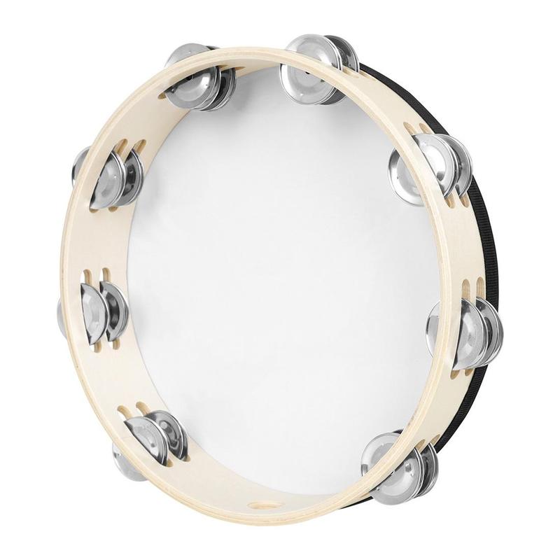 6 8 10 Inch Double Row Stainless Steel Bells Wooden Frame Tambourine Hand Drum, 1 Count Peace Dove Pattern Drumhead, Music Accompaniment Drum