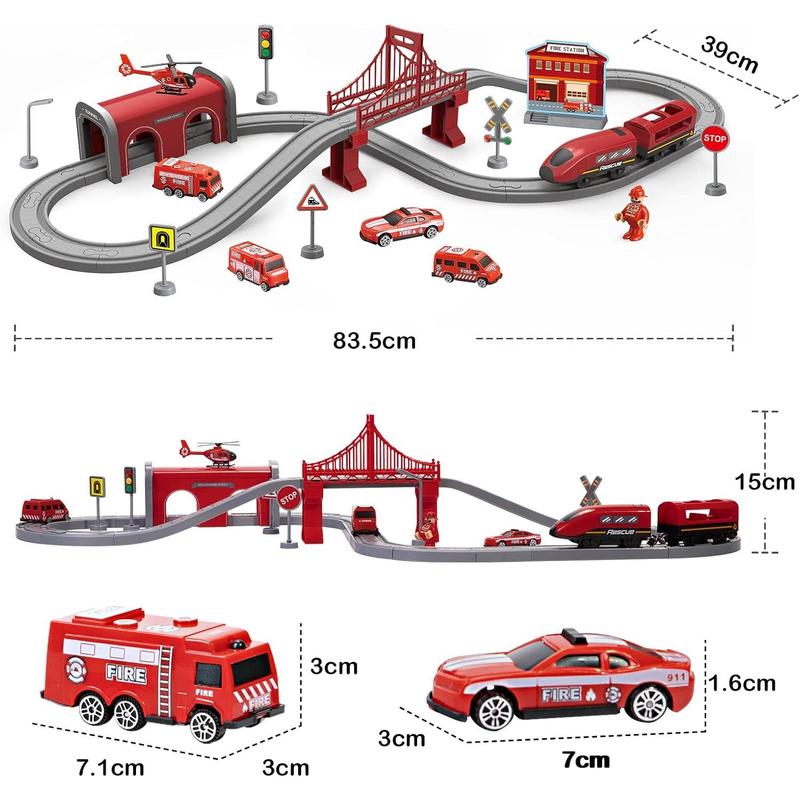 Train Sets for Boys 4-7, 66 Pcs Battery Operated Train Set with Tracks(Magnetic Connection), Compatible with Thomas, Brio, Chuggington, Gifts for 3 4 5 6 Years Old (Fire Engines)