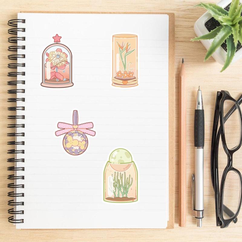 Cartoon Flower Bottle Series Sticker, 50pcs Waterproof Decorative Sticker, DIY Decal For Water Bottle, Laptop, Phone Case, Scrapbooking, Journal Making, DIY Spring Decor Ideas