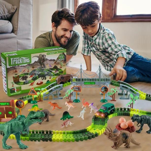 215 Pcs Glow-in-the-Dark Dinosaur Park Jurassic Race Track Train Playset Toys for Kids Car 215 PCS Road Toys for Boys,Girls,Best Toys Gift