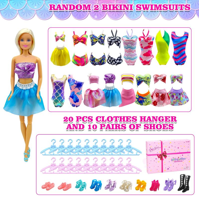 Random Color Doll Clothes & Accessories Set (50pcs set), 20 Outfits for Daily Life, Parties, and Swimming, 30pcs Doll Accessories, Birthday Gift for Girl