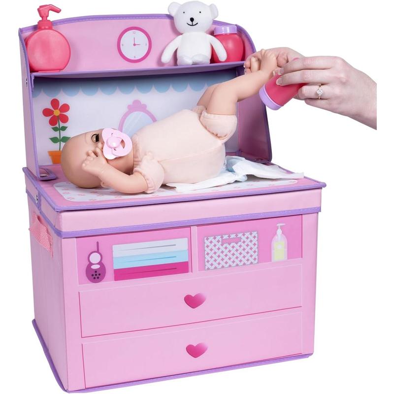 ADORA Realistic Perfectly Pink Baby Doll Set with Deluxe Changing Table and 10-Piece Doll Accessories; Pink Storage Box, 2 Baby Doll Diapers, Baby Powder Bottle, Pacifier Birthday Gift for Ages 3+