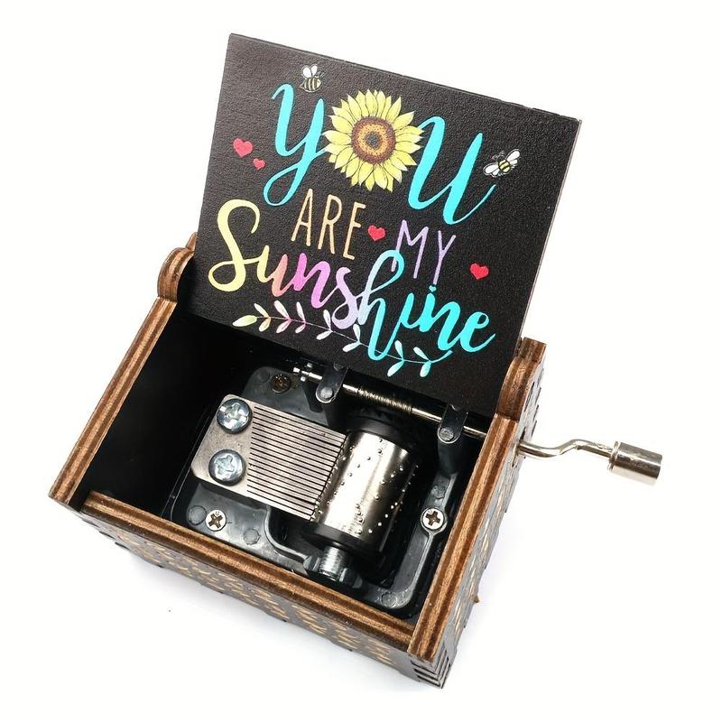 Letter & Sun Pattern Wooden Music Box, 1 Count Hand Crank Music Box, Gift for Wife & Mom & Dad, Birthday & Christmas & Valentine's Day Gift