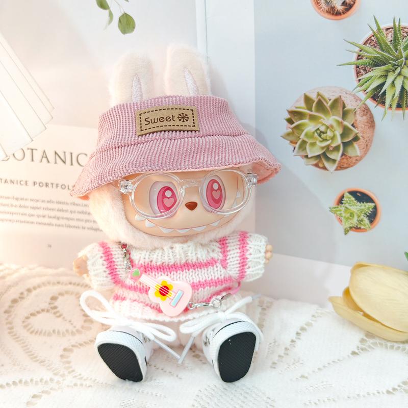 (Clothes Only) Doll Clothes labubu Monsters knit Clothes with Hat Bottle Camera Shoes Glasses, labubu Have A Seat and Macarons Version Christmas Winter Outfit