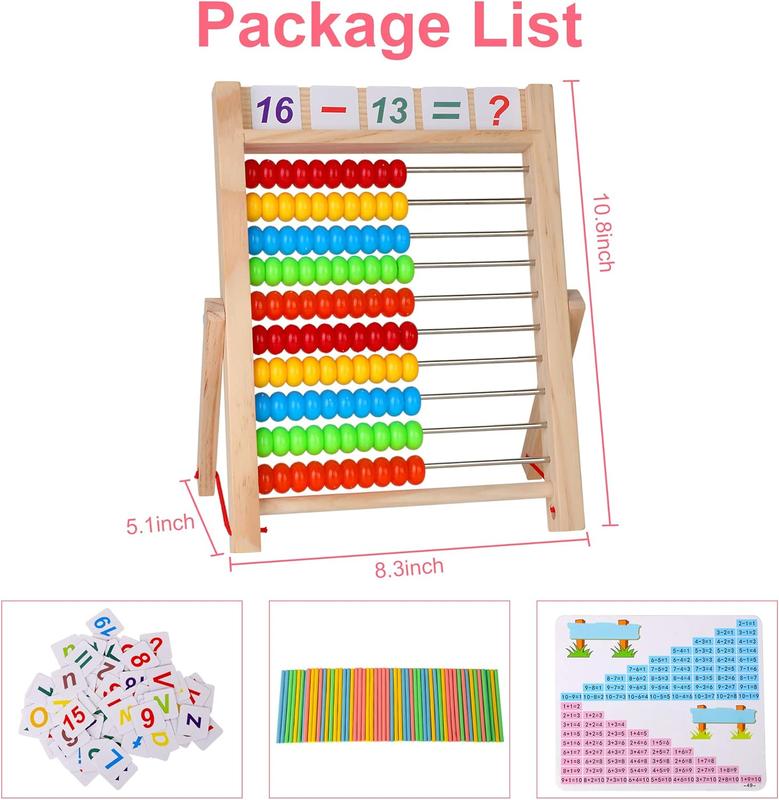 Preschool Math Learning Toy,10-Row Wooden Frame Abacus with Multi-Color Beads, Counting Sticks, Number Alphabet Cards, Gift for  3 4 5 6 Years Old Toddlers Boys Girls