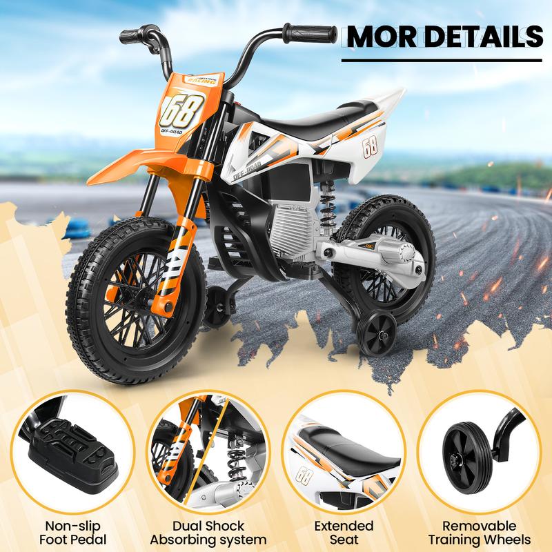 Hikole 12V Ride-ons Toys  Electric Dirt Bike, Training Wheels, Spring Suspension, Battery-Powered Ride On Toy Car for Toddler