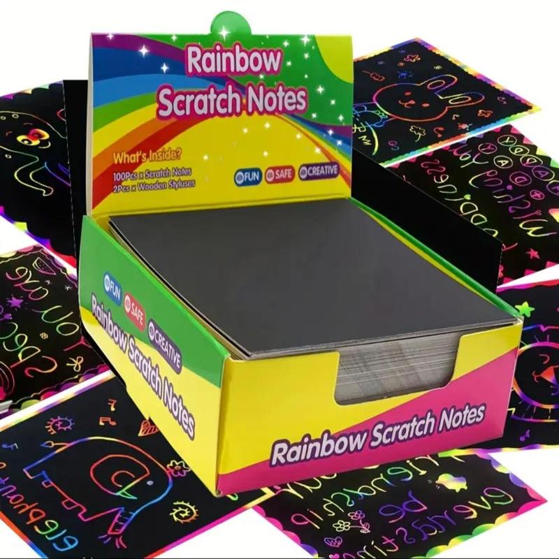 Magic Scratch Paper, 100pcs box Funny Creative Rainbow Scratch Paper with 2 Counts Wooden Styluses, DIY Party Supplies for Birthday Ceremony Graduation Office Dormitory School