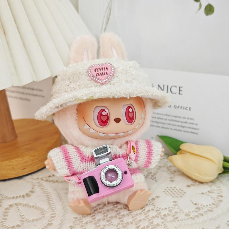 (Clothes Only) Doll Clothes labubu Monsters knit Clothes with Hat Bottle Camera Shoes Glasses, labubu Have A Seat and Macarons Version Christmas Winter Outfit