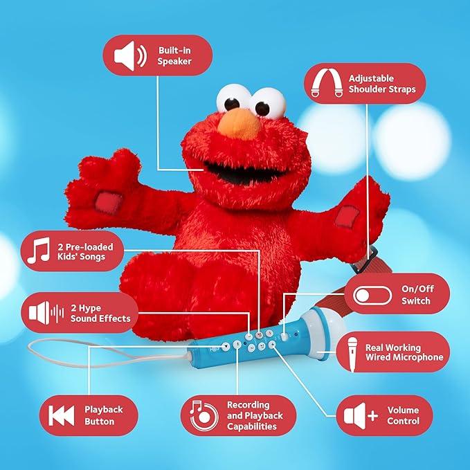 Singing Machine Sesame Street Elmo Plush Karaoke Crew Backpack with Built-In Working Microphone Adjustable Audio