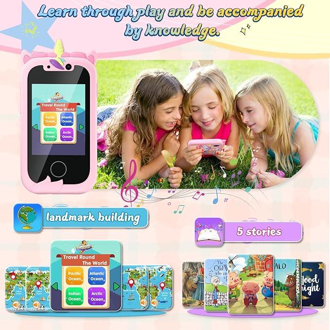 Smartphone Unicorn Gift Girl's Toy 8-10 Year Old Phone Touchscreen Learning Toy Christmas Birthday Gift Suitable for 3 4 5 6 7 8 9 Year Old Girls, Comes with SD Card