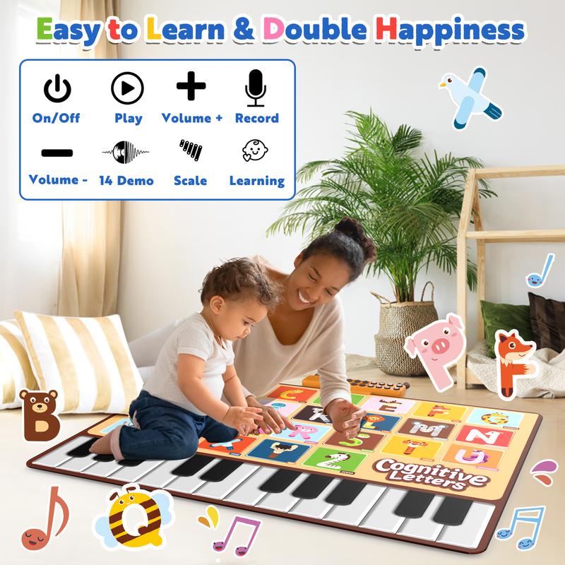 Bluejay Baby Piano Mat, Musical Keyboard Learning Toys with 26 Letters, Electronic Music Animal Touch Play Mat Toddler Toys Gifts for Boys and Girls 1 2 3 Year Old