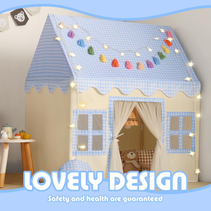 Sumbababy Princess Tent Castle House for Girl with Blue Checkered, Mat, Colorful Hangings, Star Lights Princess Kid Toy Gift Indoor Outdoor Game