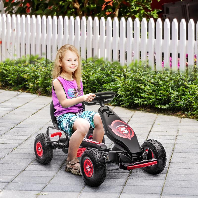 Aosom Kids Pedal Go Kart Ride-on Toy with Ergonomic Comfort, Pedal Car with Tough, Wear-Resistant Tread, Go Cart Kids Car for Boys & Girls with Suspension System, Safety Hand Brake, Ages 5-12