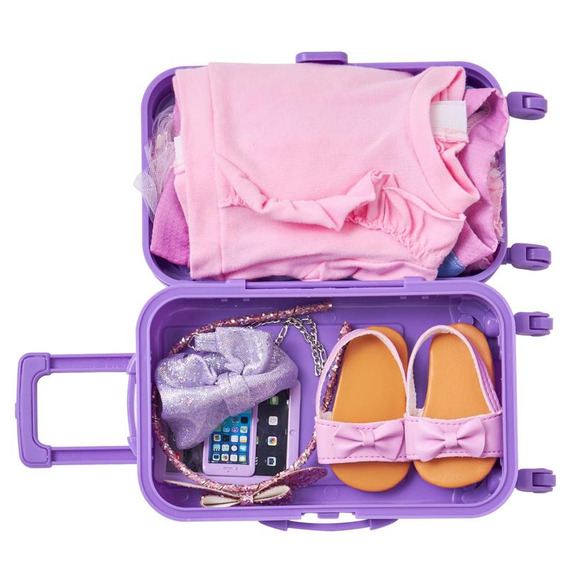 18 Inch Girl Doll Accessories Suitcase Set with Storage Box, Clothes, Skirt, Shoes, Crossbody Bag, Headband, Toy Phone, Toy Tablet (No Doll)