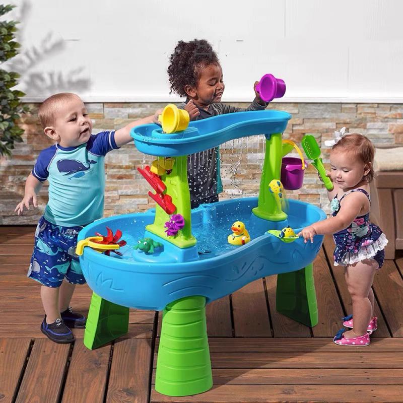 Kids Water Table for Toddlers 3-5, Rain Showers Splash Pond 2-Tier, Outdoor Playset for Toddlers, Backyard Summer Water Toys Sensory Sand and Water Table for Age 3-5 Boys Girls, Blue& Green