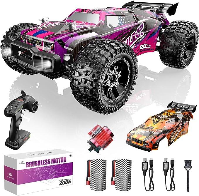 DEERC 200E 1:10 Large 3S Brushless High Speed RC Cars for Adults, 4X4 Fast RC Trucks W Extra Shell LED Headlight, 60 KM H, All Terrain Remote Control Car, Offroad Monster Truck for Boys,2 Battery rccar