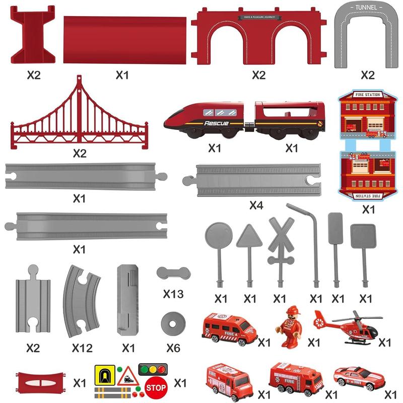 Train Sets for Boys 4-7, 66 Pcs Battery Operated Train Set with Tracks(Magnetic Connection), Compatible with Thomas, Brio, Chuggington, Gifts for 3 4 5 6 Years Old (Fire Engines)