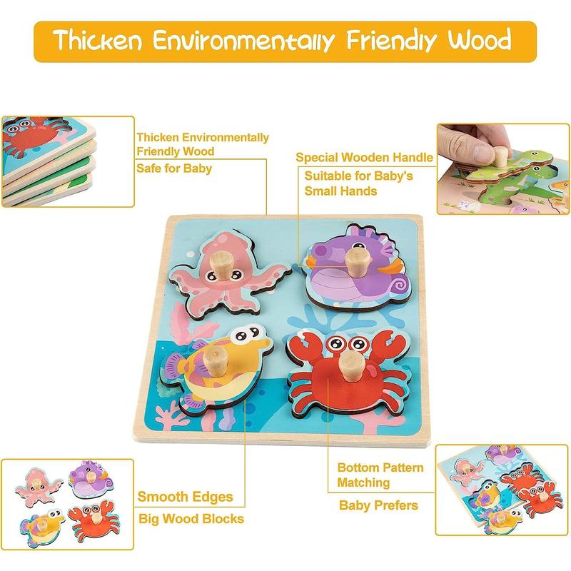 Montessori Toy, Puzzles Kit for Kids, Wooden Peg Puzzles 4 Pcs Montessori Educational Learning Puzzles Set - Dinosaur, Farm, Sea Animal and Fruit, Gift for Kids