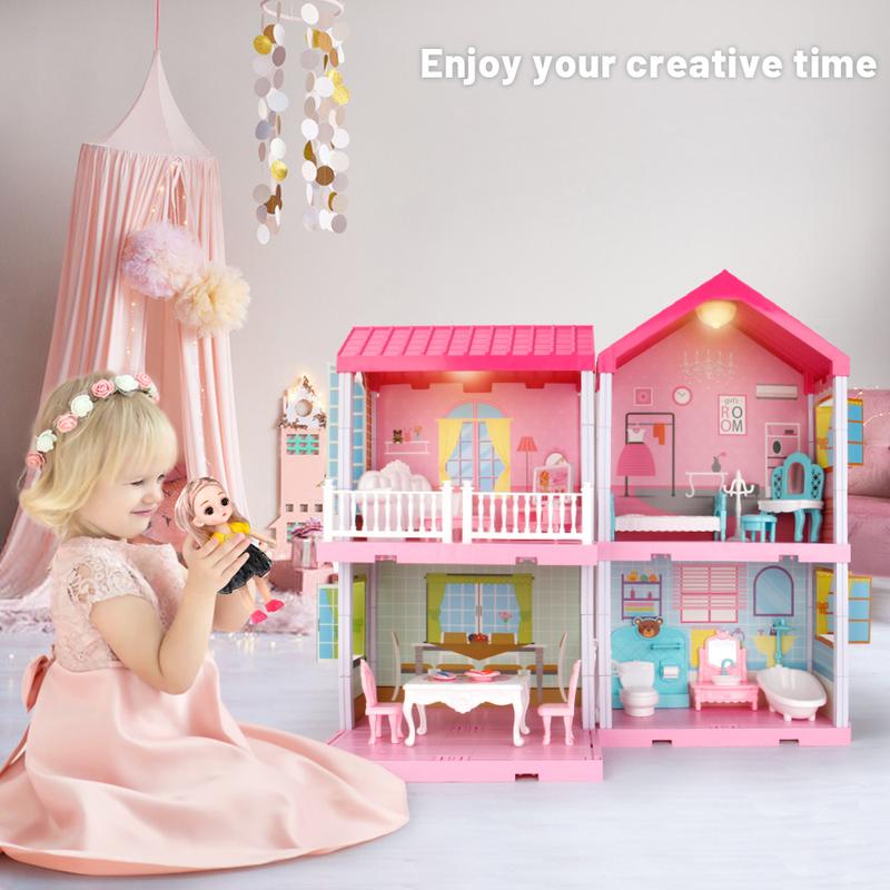 Dollhouse Building Toys, Princess Doll House, Playset with Lights, Furniture, Accessories and Dolls, Cottage Pretend Doll House Set, Creative Present for Girls Toddlers (4 Rooms)