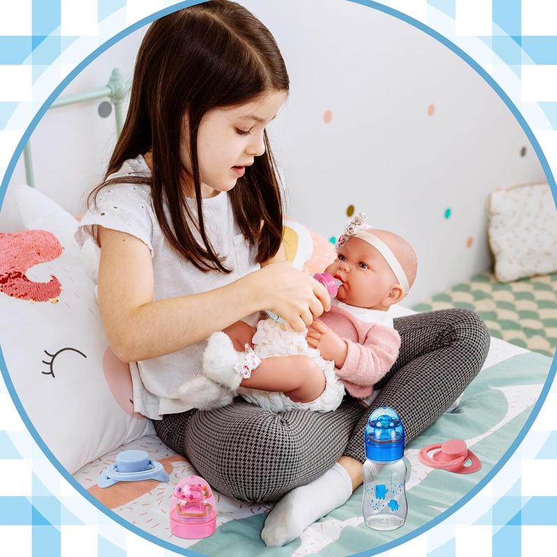 4 Pieces Reborn Baby Doll Accessories, includes 2 Magnetic Pacifier and 2 Baby Doll Bottles Baby Doll Pacifier Feeding Bottle for Reborn Dolls, Random Pattern, Pink and Blue (Cute)