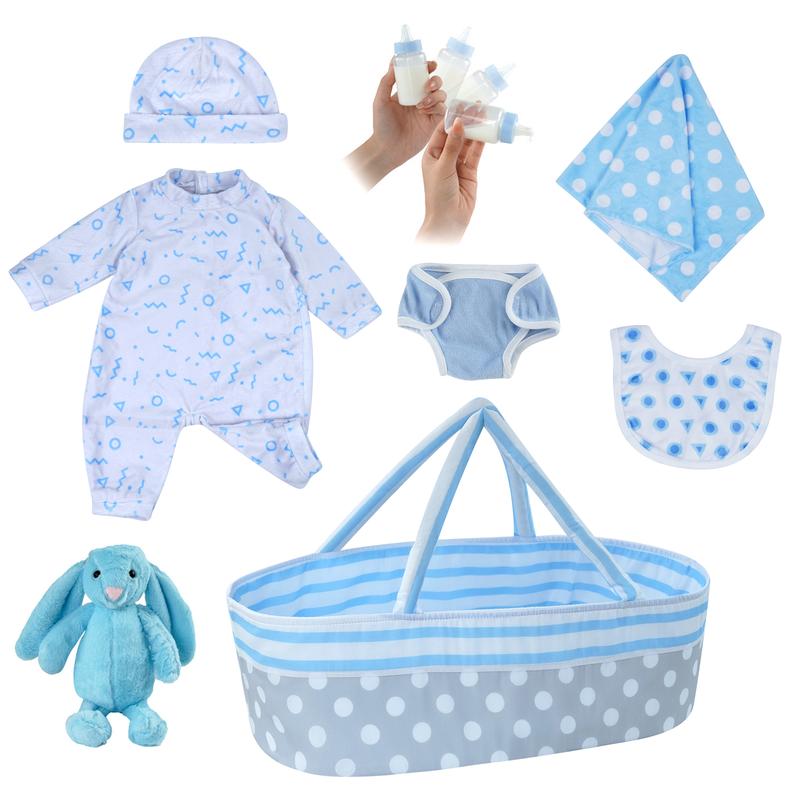 BABESIDE 8 Pcs Reborn Baby Doll Accessories with Bassinet for 17-22 Inch Baby Doll, Baby Doll Clothes Outfit Accessories fit Reborn Doll Newborn Boy