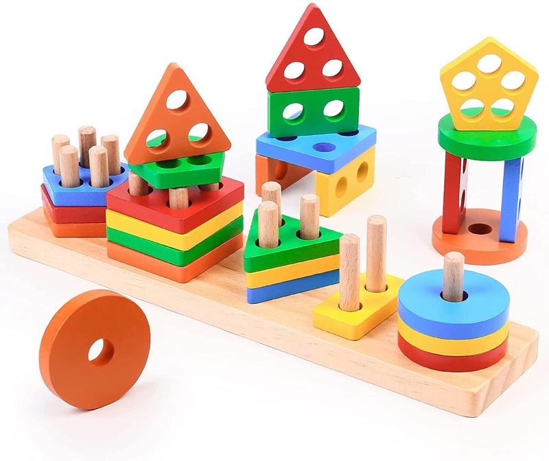 BenBen Montessori Toys for 1 2 3 Year Old, Wooden Sorting & Stacking Toys, Educational Shape Sorter for Baby Toddlers Preschool Kids