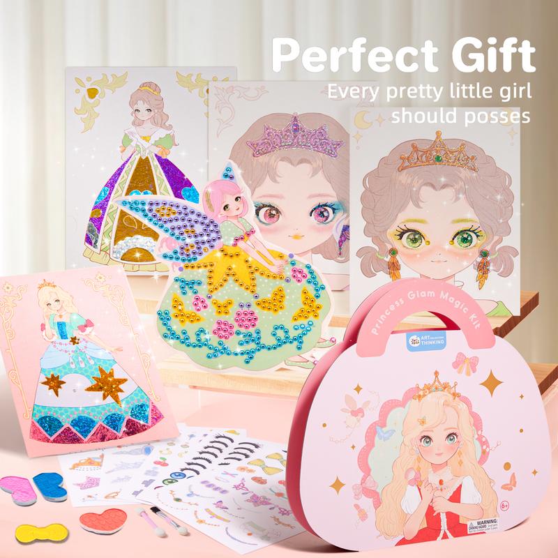 JarMelo Princess Art Craft Kits Foil Art & Diamond Painting Books Kids Make Up Set Play on Paper, Princess Glam Magic Crafts Kit for Girl Gifts