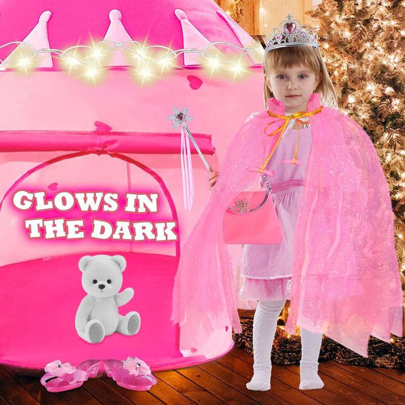 Christmas 15Pcs Princess Castle Play Tent Dress Up with LED Glow in The Dark Stars for Little Girls－Princess Dress Up Cape with Crown,Girl Play Tent House Toy for Indoor & Outdoor Use