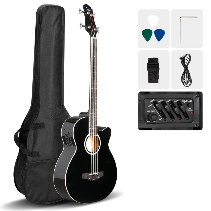 Ktaxon 4 String Acoustic Bass Guitar, Full Size Bass Guitar Kit with Portable Guitar Bag, Premium Cable, Wrench, Strap, Plectrum (Black)