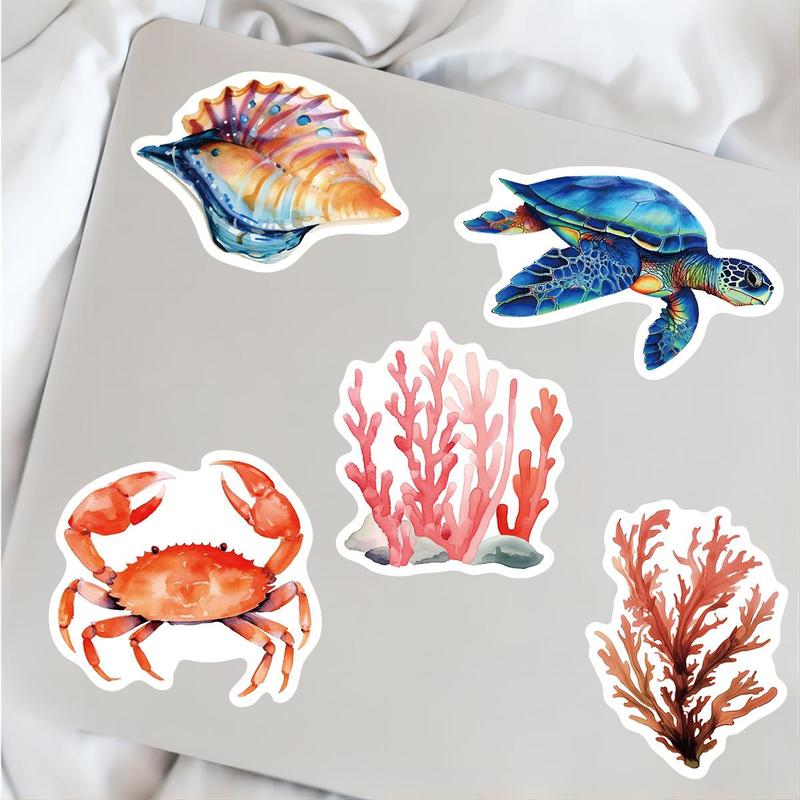 Sea Life Pattern Sticker (100pcs set), Watercolor Marine Life Decorative Sticker, Cartoon Sticker for Phone Case, Notebook, Handbook, DIY Decorative Sticker