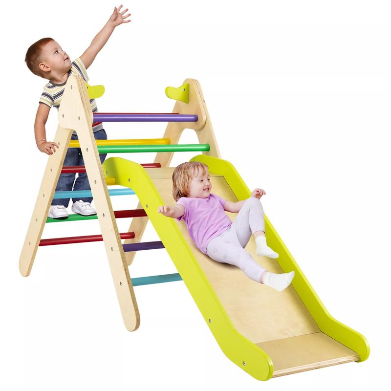 Kids Triangle Climber with Slide, 2-in-1 Wooden Climber Set with Safety Handrail, Height Adjustable Ladder for Climbing & Sliding, Indoor & Outdoor Playground Climber Ladder Set for Boys & Girls