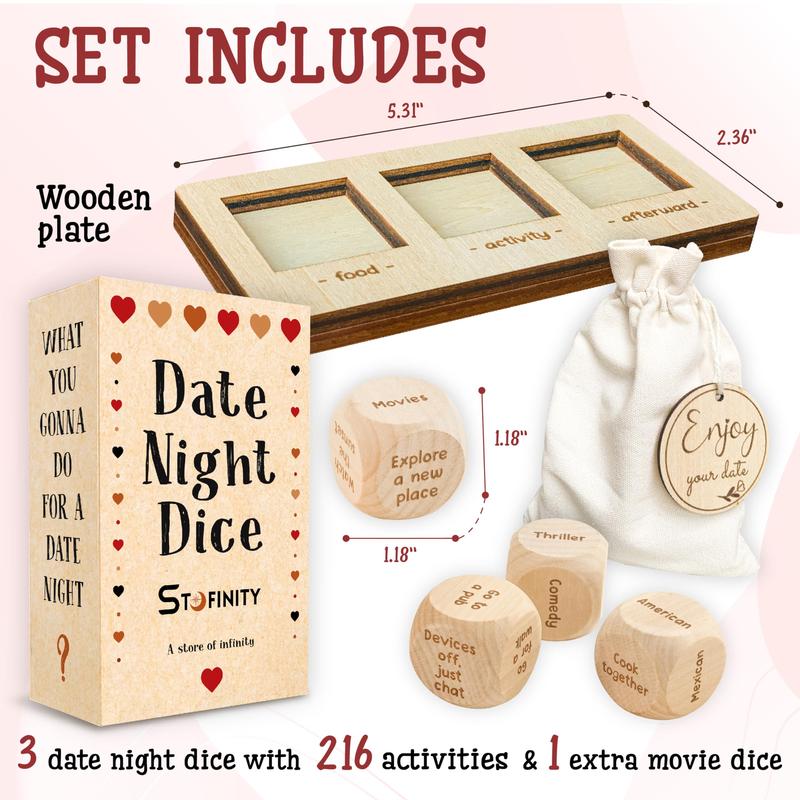 Date Night Dice Game for Couples - Food Decision Dice Date Night Game Board, Wooden Dinner Dice for Adults, Couples Dice Anniversary Wood Gifts for Her Him, Couples Games Date Ideas Set