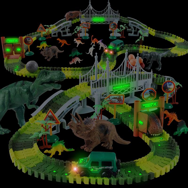 215 Pcs Glow-in-the-Dark Dinosaur Park Jurassic Race Track Train Playset Toys for Kids Car 215 PCS Road Toys for Boys,Girls,Best Toys Gift