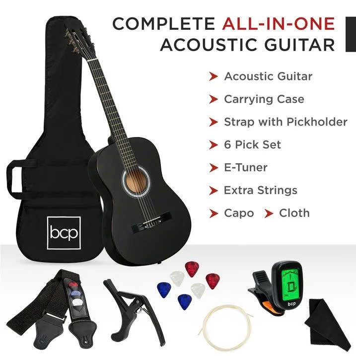 38in Beginner Acoustic Guitar Starter Kit w  Gig Bag, Strap, Strings - Light Blue, Dark Brown, Black, Blue - YOUTH MUSIC