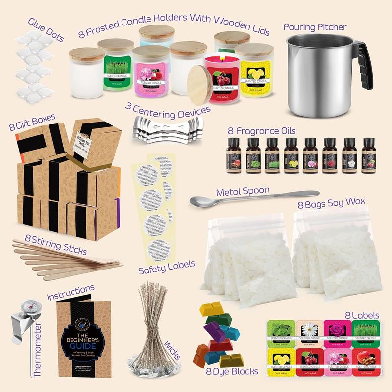 CraftZee Deluxe Soy Candle Making Kit with Soy Wax, Scents, Frosted Glass Jars, Wicks, Dyes, Melting Pot, Gift Box, Instruction Manual & More