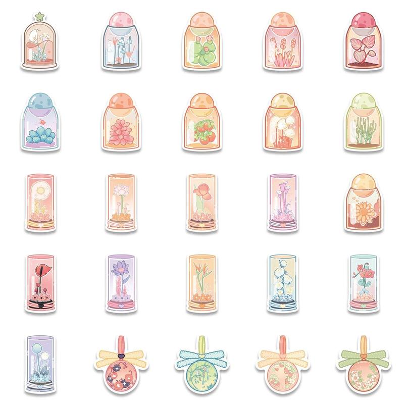 Cartoon Flower Bottle Series Sticker, 50pcs Waterproof Decorative Sticker, DIY Decal For Water Bottle, Laptop, Phone Case, Scrapbooking, Journal Making, DIY Spring Decor Ideas