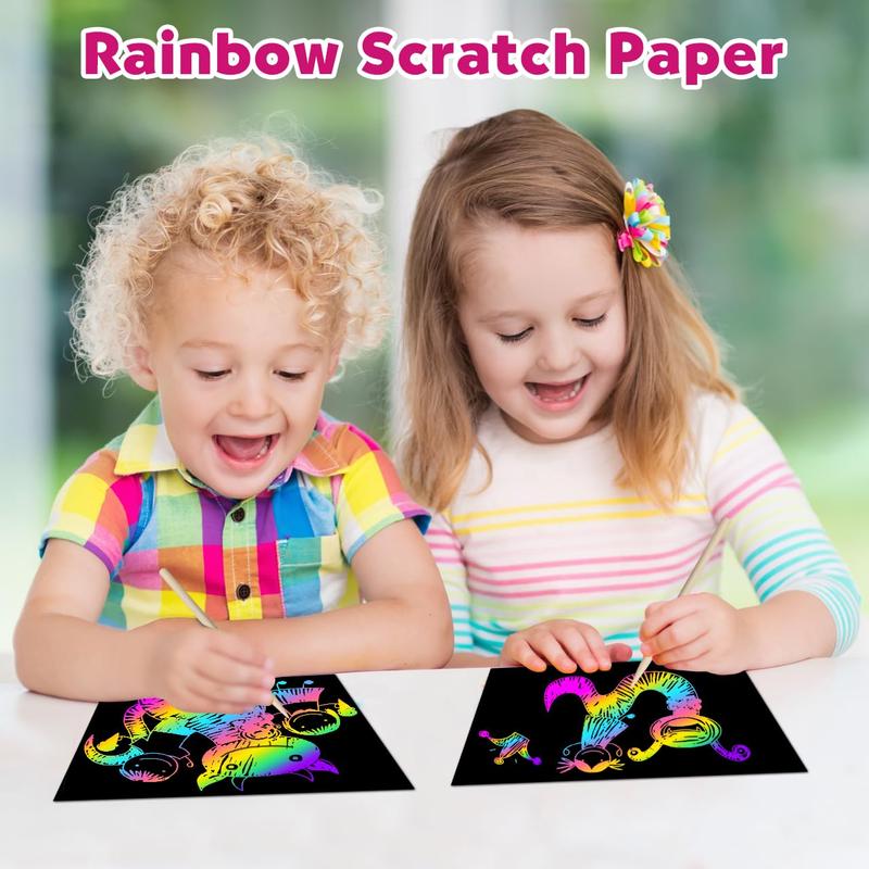 Scratch Paper Art Set, 60 Pcs Rainbow Magic Scratch Paper for Kids Black Scratch Off Art Crafts Kits Notes with 5 Wooden Stylus for Girls Boys Toy Halloween Party Game Christmas Birthday Gift