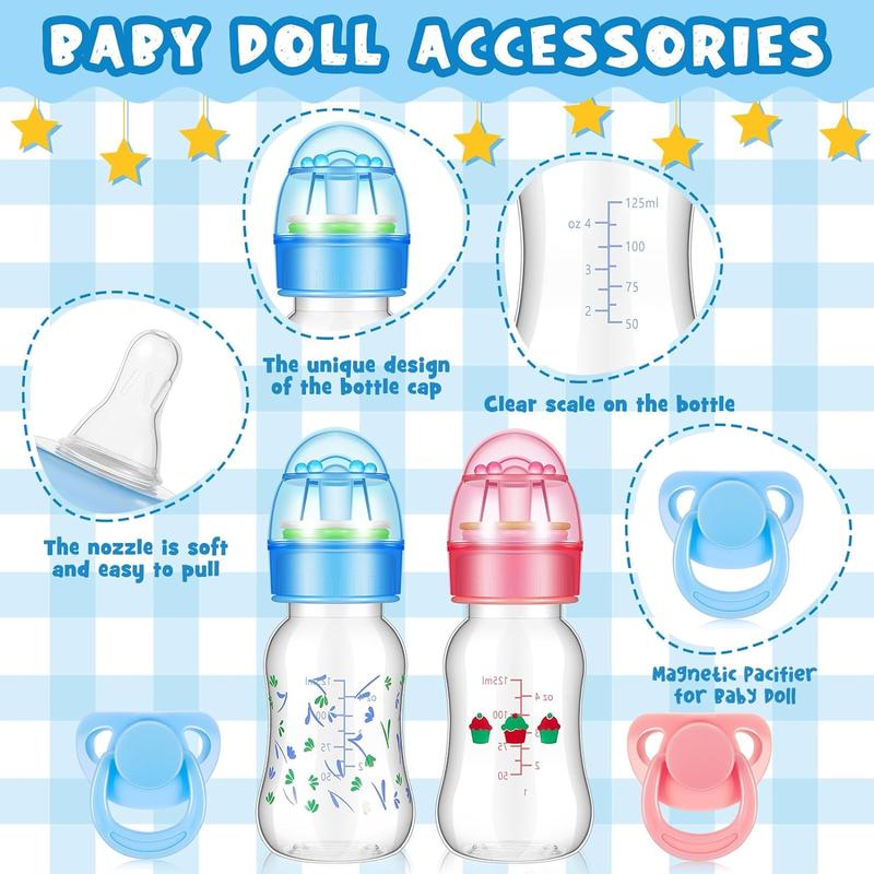 4 Pieces Reborn Baby Doll Accessories, includes 2 Magnetic Pacifier and 2 Baby Doll Bottles Baby Doll Pacifier Feeding Bottle for Reborn Dolls, Random Pattern, Pink and Blue (Cute)