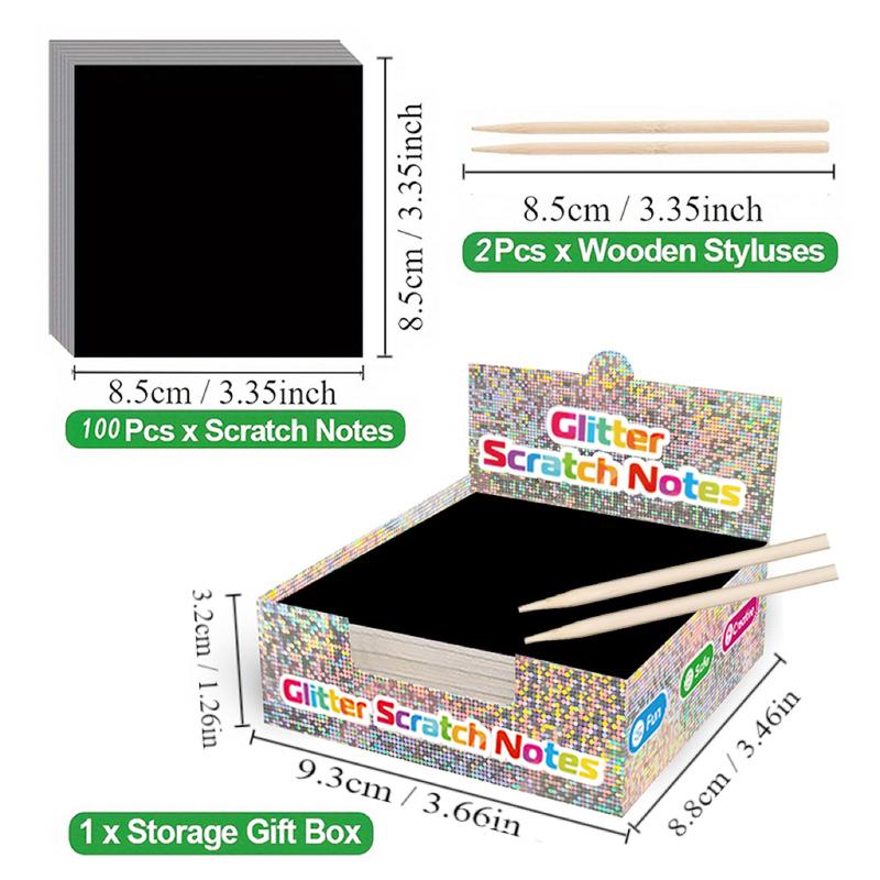 Glitter Scratch Art Paper Set, 1set Including 100pcs Magic Scratch Note Cards & 2 Counts Wooden Styluses & 1 Count Storage Box, Funny Art Crafts for Birthdays, Holidays, Halloween, Christmas